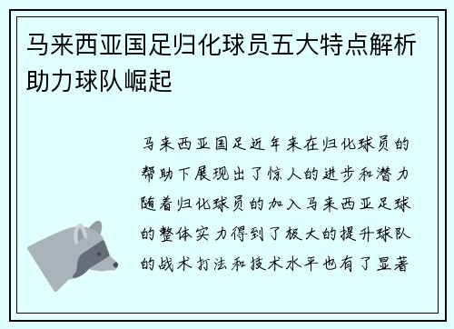马来西亚国足归化球员五大特点解析助力球队崛起