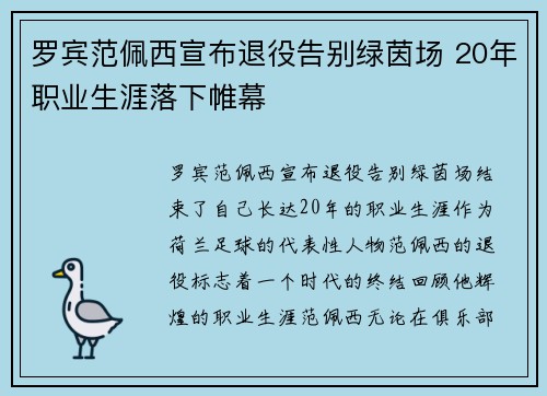 罗宾范佩西宣布退役告别绿茵场 20年职业生涯落下帷幕 罗宾范佩西宣布退役告别绿茵场 20年职业生涯落下帷幕